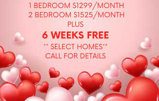 A promotional image for sweetest move in specials, offering 1 bedroom for $1299 per month and 2 bedrooms for $1525 per month, with an additional 6 weeks free for select