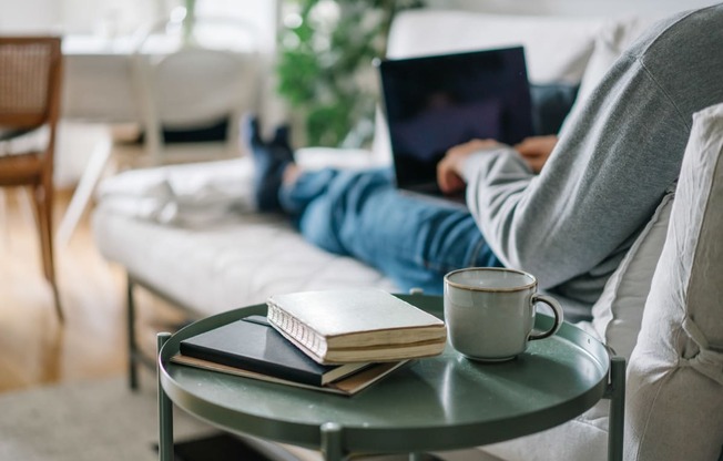 a person sitting on a couch with a laptop