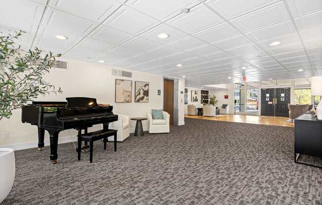 A black piano sits in a room with a carpeted floor.