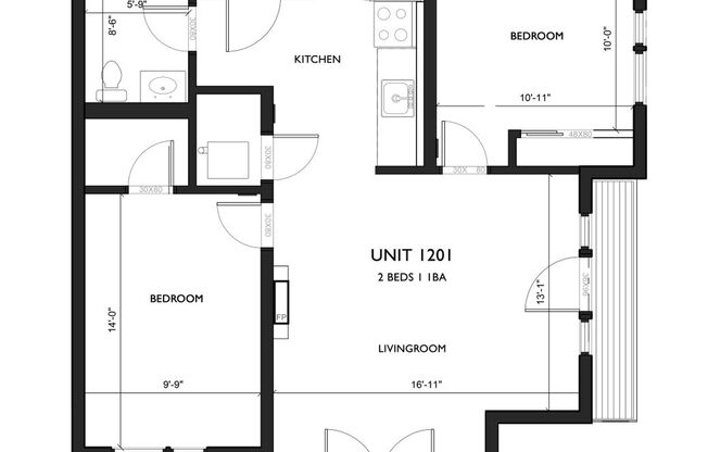 2 beds, 1 bath, 823 sqft, $1,799, Unit 1-201