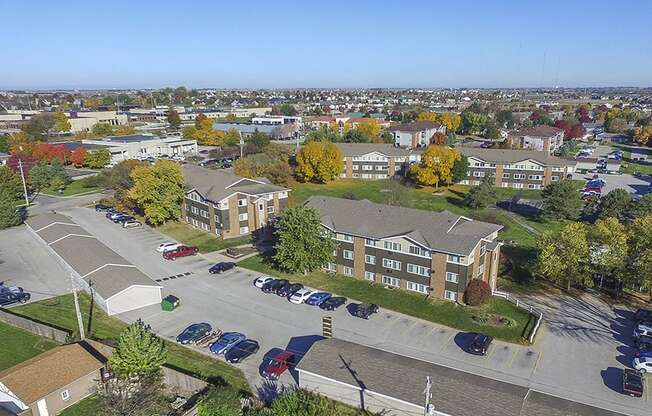 Ariel View of Parking, Detached Garages and Apartment Buildings at Timberland at Crestbruck
