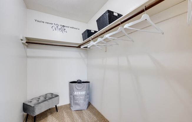 Closet space in the two-bedroom model unit at Olde English Village, providing ample storage for residents.