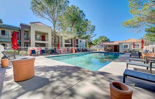 A swimming pool surrounded by chairs and trees in a sunny day.