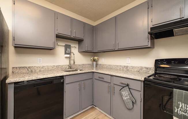 A kitchen with grey cabinets and a black stove top oven.