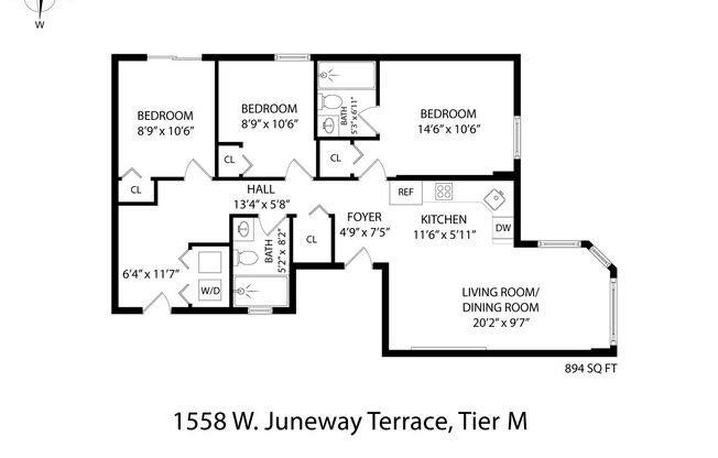 3 beds, 2 baths, 894 sqft, $2,600, Unit 1558-3M