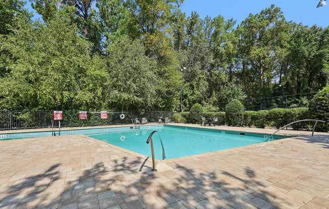 A pool surrounded by trees and a black fence.