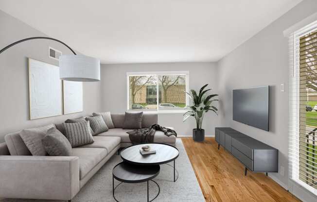 a living room with a couch and a coffee table