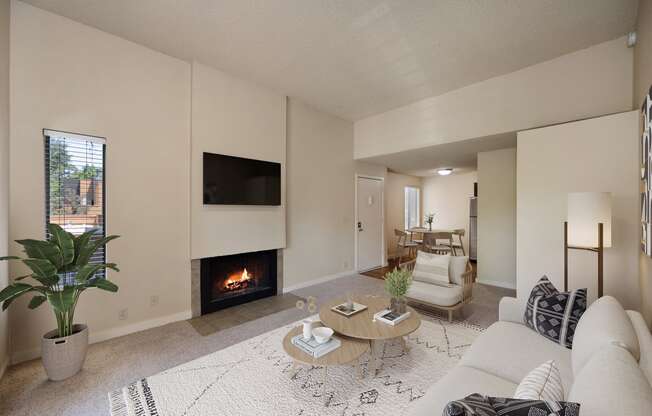 a living room with a fireplace and a couch