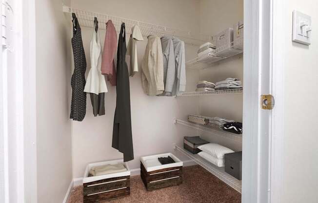 A white closet with clothes hanging and drawers on the floor.