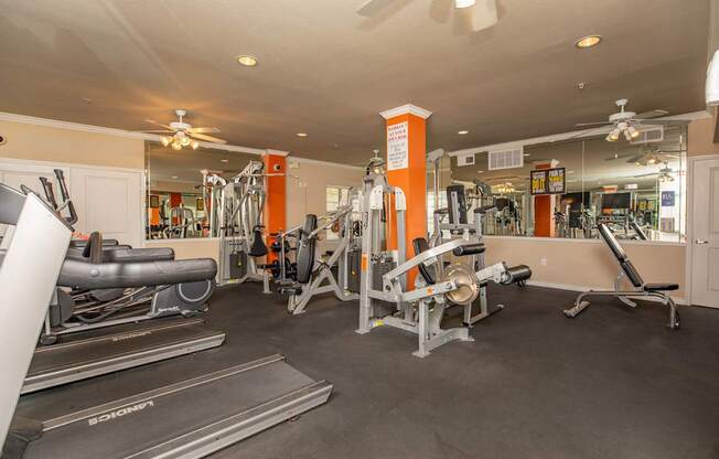 A gym with treadmills, weights and exercise equipment.