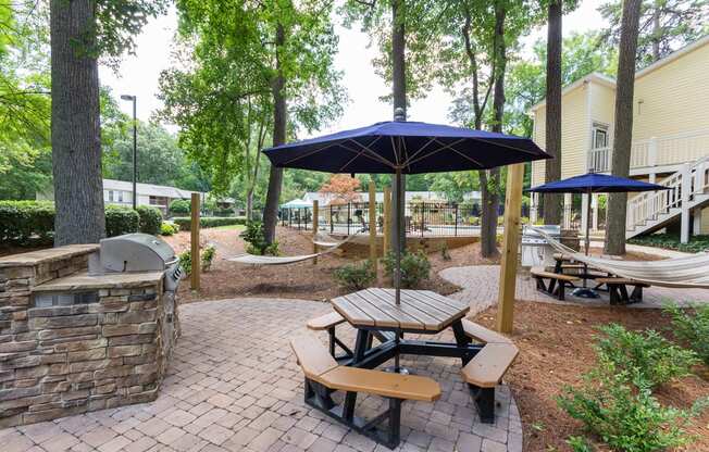Shaded Outdoor Courtyard Area With Grill at Clarion Crossing Apartments, PRG Real Estate Management, Raleigh, North Carolina