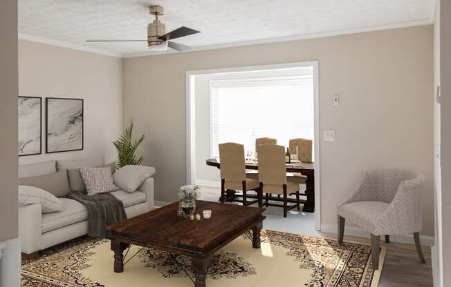 Living and dinning room with coffee and dinning table at Twin Springs, Norcross, GA