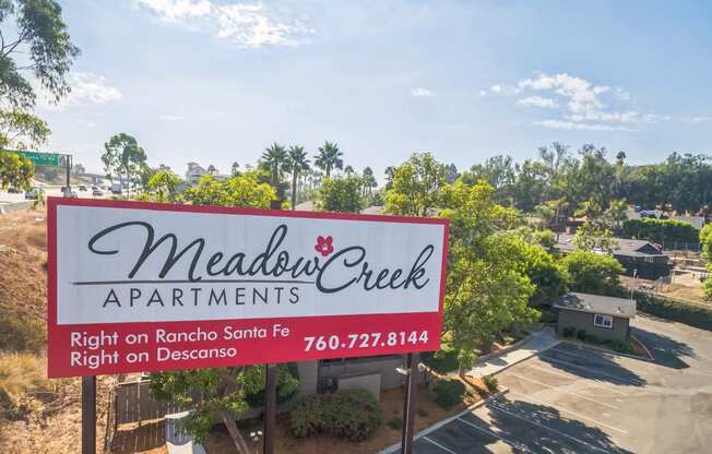 An aerial view of our Billboard Sign leading you home to Meadow Creek Apartments in San Marcos, CA