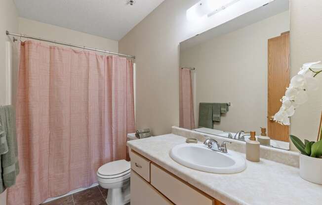 a bathroom with a pink shower curtain and a sink