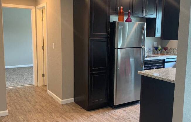 kitchen with stainless steel appliances and dark cabinets