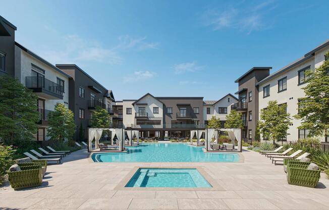 A resort-style pool with cabanas, open skies, and space to unwind under the Arizona sun.
