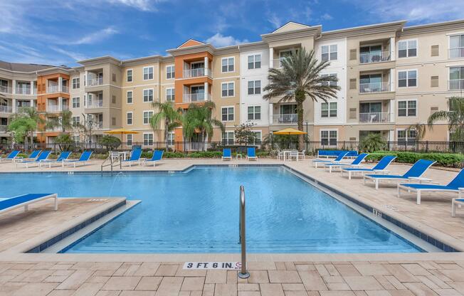 a pool of water in front of a building