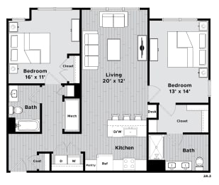 2 beds, 2 baths, 1,229 sqft, $3,405