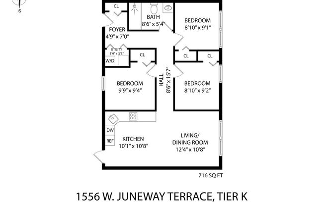 3 beds, 1 bath, 670 sqft, $2,200, Unit 1556-1K