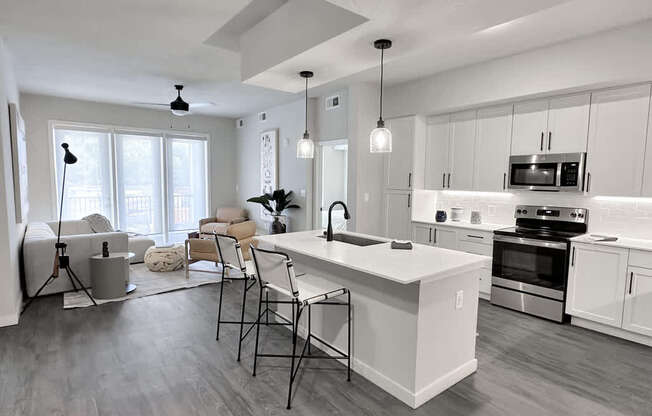 Large island and living room in model