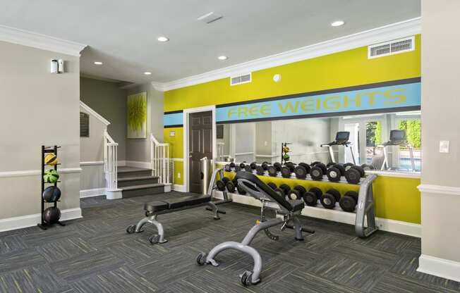 Fitness Center and Free Weights located at St. Andrews Apartments in Johns Creek, GA 30022