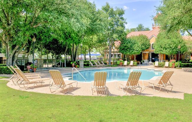 Sun deck at pool of Saxony at Chase Oaks in North Plano, TX, For Rent. Now leasing 1, 2 and 3 bedroom apartments.