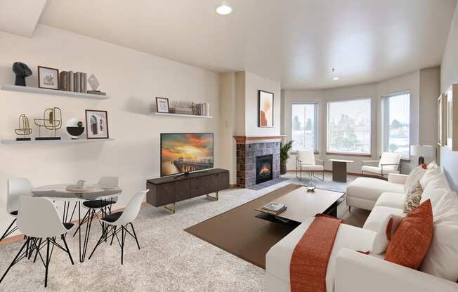 a living room with white couches and chairs and a coffee table in front of a fireplace
