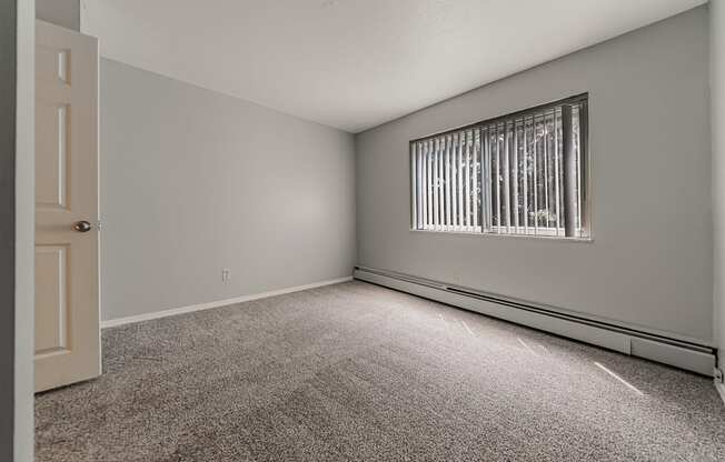 A room with a carpeted floor and a window with bars on it.