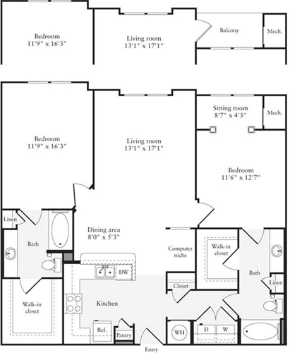 2 beds, 2 baths, 1,168 sqft, $2,736, Unit 211