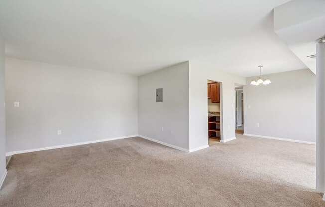 A large, empty room with a carpeted floor and white walls.