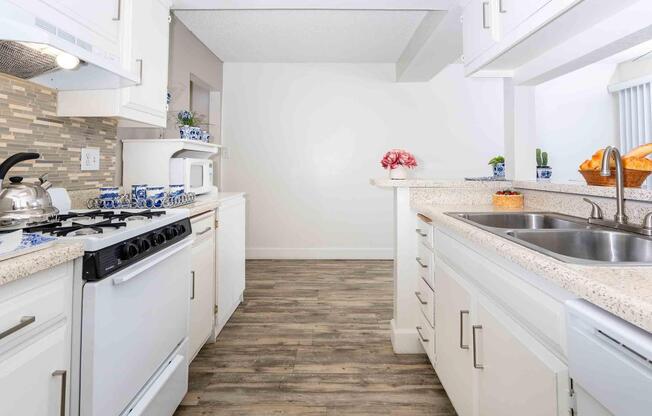 a kitchen with a stove and a sink