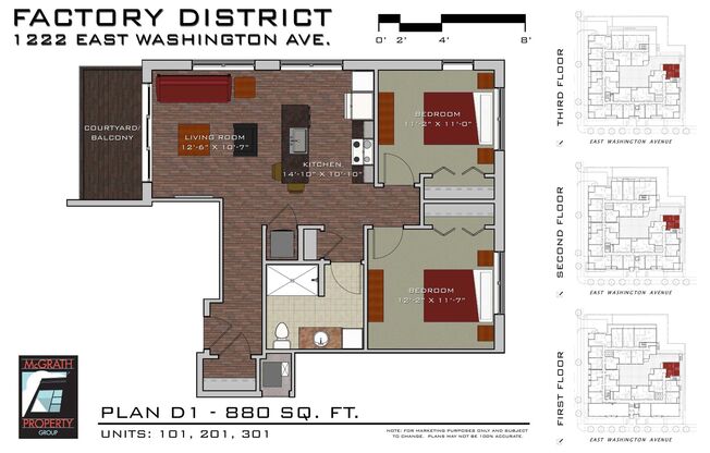 2 beds, 1 bath, 880 sqft, $2,195, Unit 101