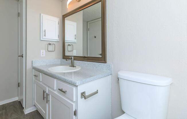 bathroom with white cabinets