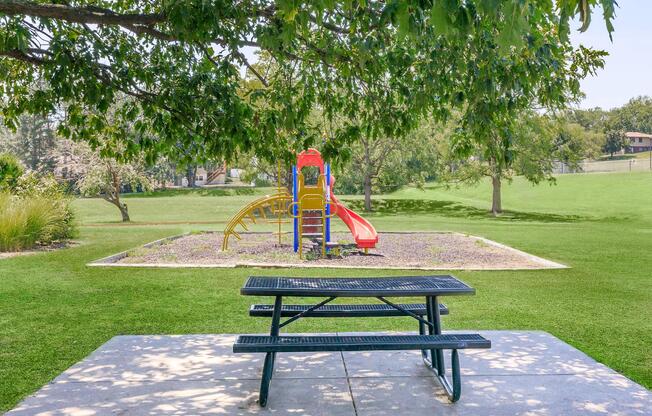 A playground featuring a colorful slide and climbing structure is set within a grassy park. In the foreground, there's a black picnic table on a concrete slab, surrounded by trees and an open green space. The scene is bright and inviting, perfect for family outings or children's playtime.
