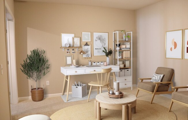 a living room with a desk and a chair