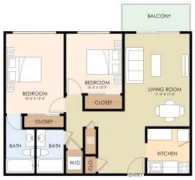 Two Bedroom Two Bath Floor Plan at Stone Creek, Redwood City, California