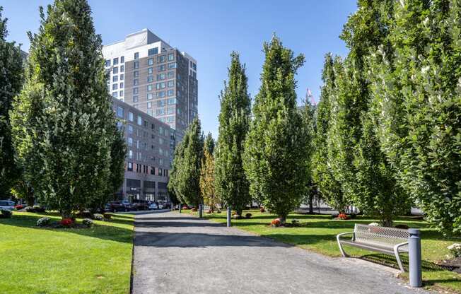 Boston Landing - Building with trees and walkway in Allston, MA