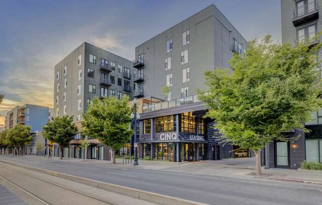 a photo of a building on the corner of a city street