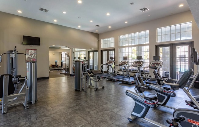 A gym with treadmills, elliptical machines, and a television.