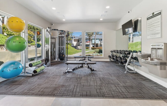Community Fitness Center with Equipment, Drinking Fountain & Window View at Forest Park Apartments in El Cajon, CA.