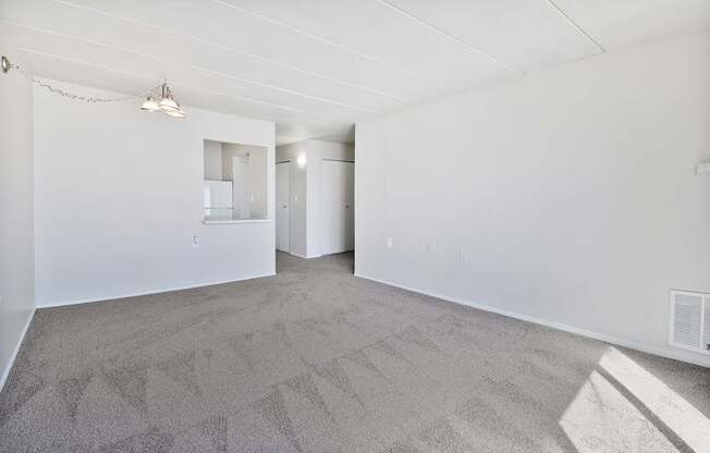 A large empty room with a carpeted floor and a small mirror on the wall.