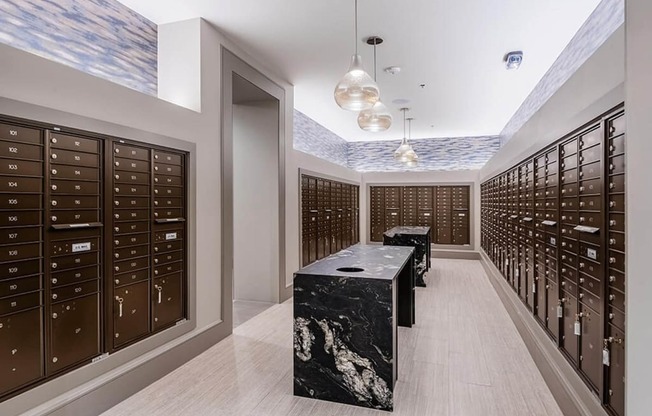 a wine cellar with lockers and a marble table