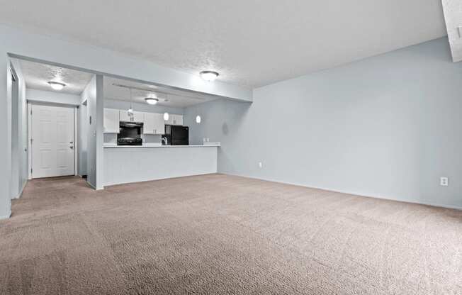 the living room and kitchen of an apartment with carpeted flooring and a counter