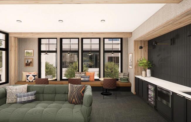 Comfortable seating and a welcoming atmosphere make the clubroom at Modera Bridle Trails an ideal place to relax and recharge.