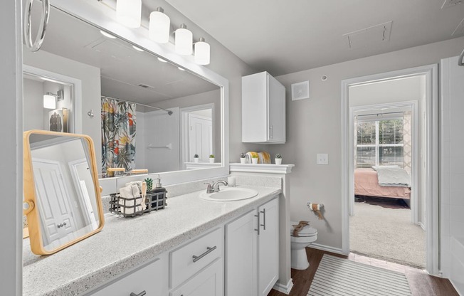 A bathroom with a white sink and a mirror.