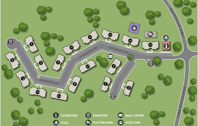 A map shows a layout of a residential area with a clubhouse, pool, and dog park.