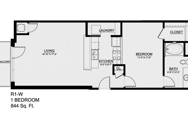 1 bed, 1 bath, 844 sqft, $1,429