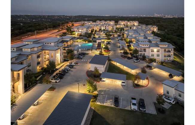 an evening view of Berkshire Santal apartments in Austin, TX