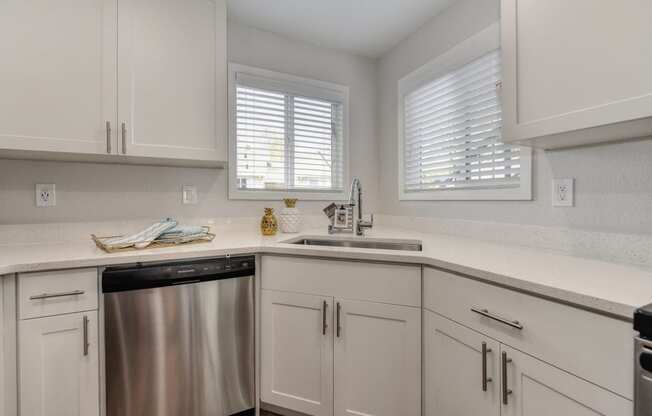 Kitchen Sink with Window, White Cabinets and Dishwasher