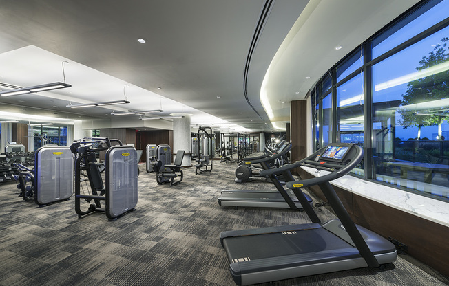 Extensive indoor gym with weight machines, dumbbells, a full-width mirror, carpeted floor, and treadmills in front of a large, curved window.
